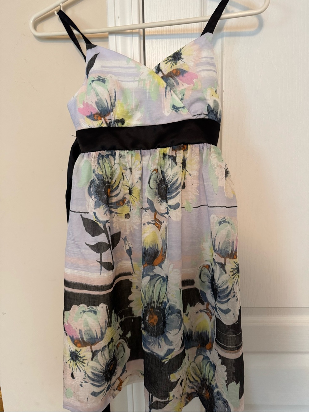 Girls Pastel Floral Spaghetti Strap Dress with Black Sash